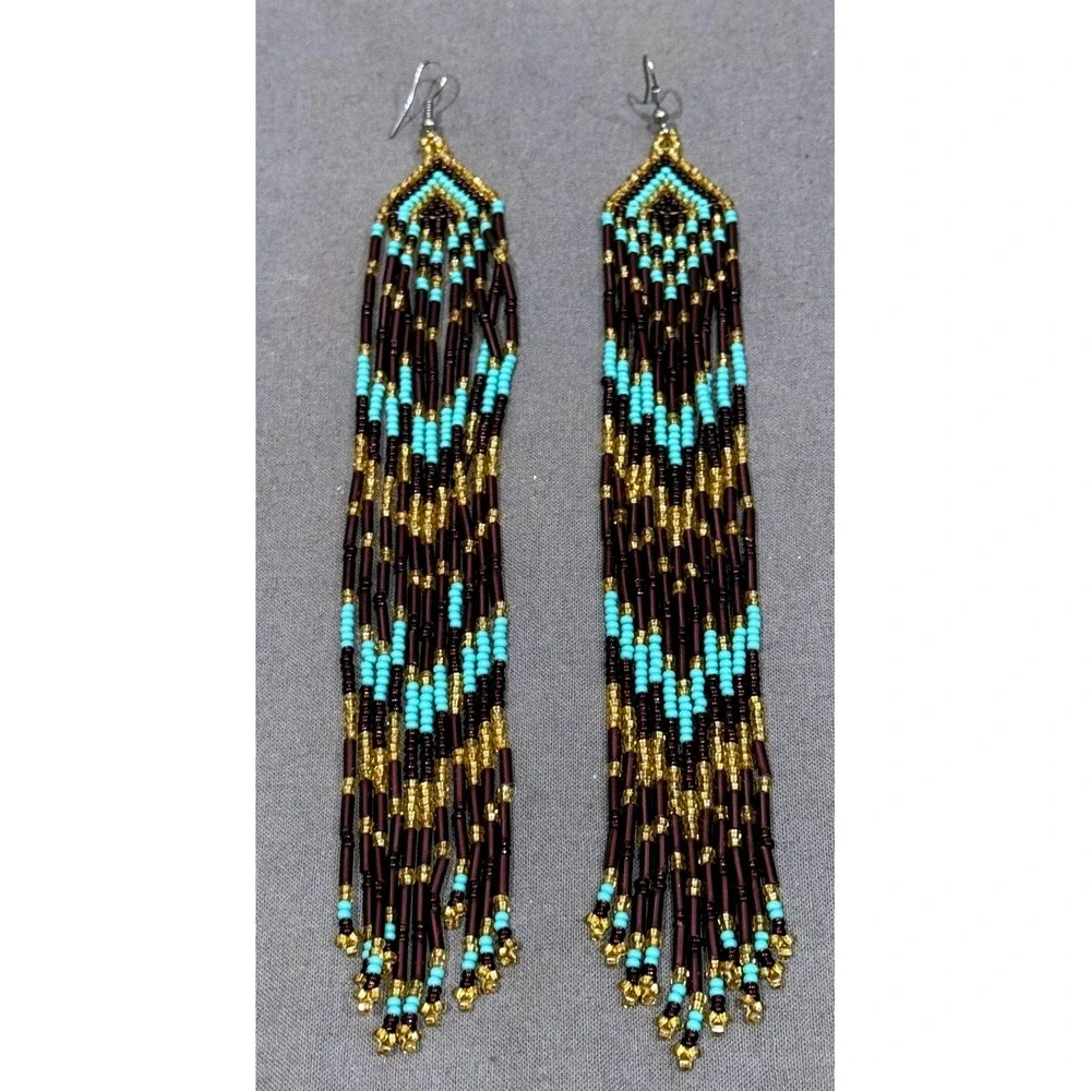 Handmade Seed Bead Fringe Earrings Turquoise Gold Dark Purple Chevron Boho 8.25